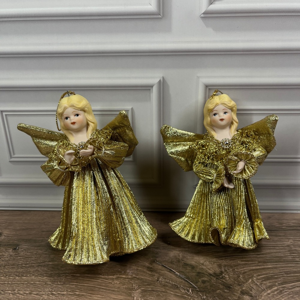 Angel Ornaments 2pc Set 5 inch Gold Porcelain Metallic Pleated Gown Wings